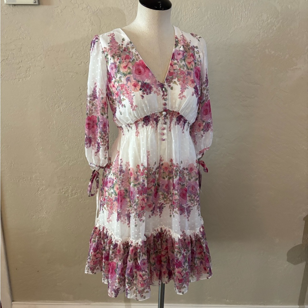 Melonie T Floral V-Neck Chiffon Dress in White and Pink Sz 6 NWT
